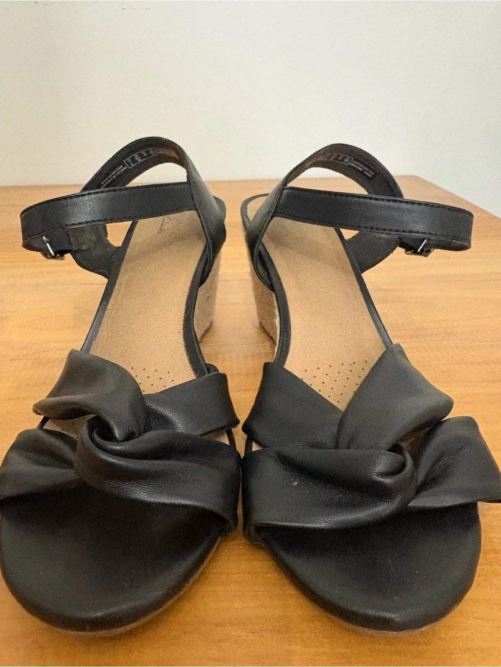 Clarks Black Knotted Front Wedge Sandals with Ankle Strap